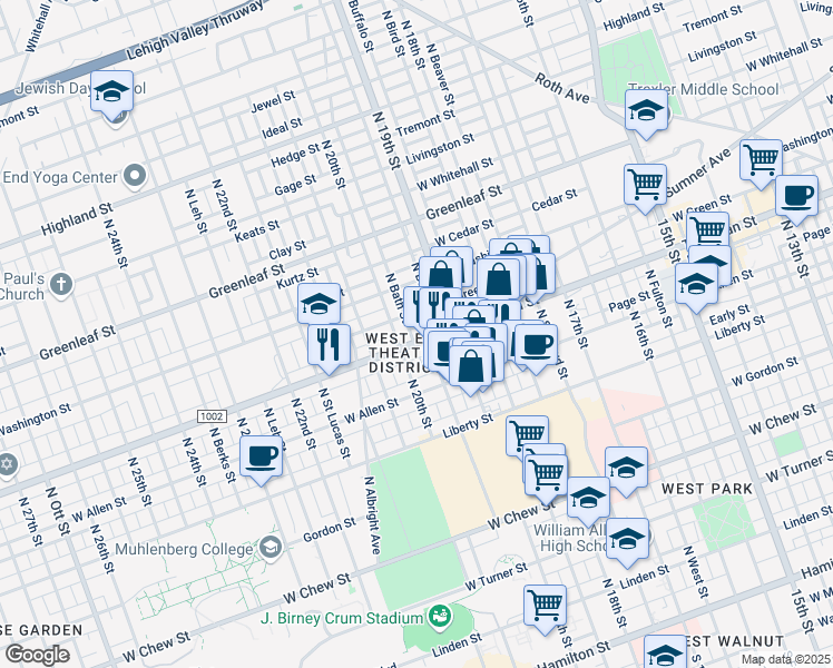 map of restaurants, bars, coffee shops, grocery stores, and more near 1935 Tilghman Street in Allentown
