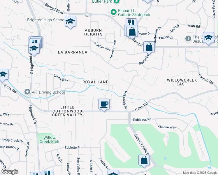 map of restaurants, bars, coffee shops, grocery stores, and more near 2408 Royal Lane in Cottonwood Heights
