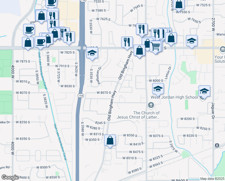 map of restaurants, bars, coffee shops, grocery stores, and more near 3400 West 8070 South in West Jordan