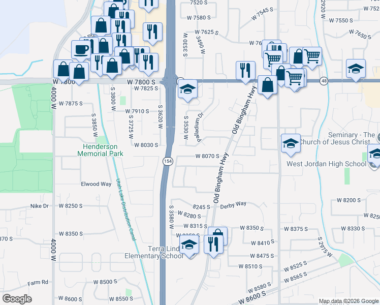 map of restaurants, bars, coffee shops, grocery stores, and more near 3516 West 8070 South in West Jordan
