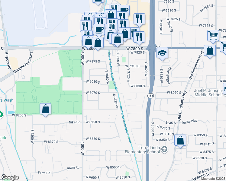 map of restaurants, bars, coffee shops, grocery stores, and more near 8048 South 3850 West in West Jordan