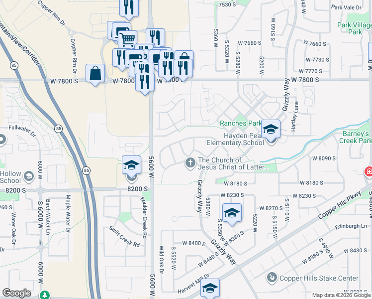 map of restaurants, bars, coffee shops, grocery stores, and more near 8043 Island Creek Drive in West Jordan