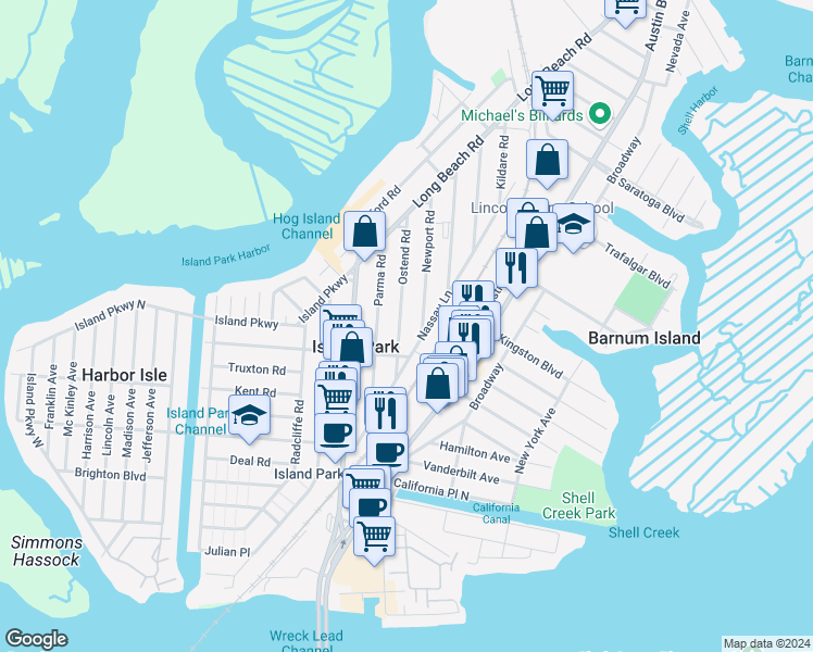 map of restaurants, bars, coffee shops, grocery stores, and more near 12 Newport Road in Island Park