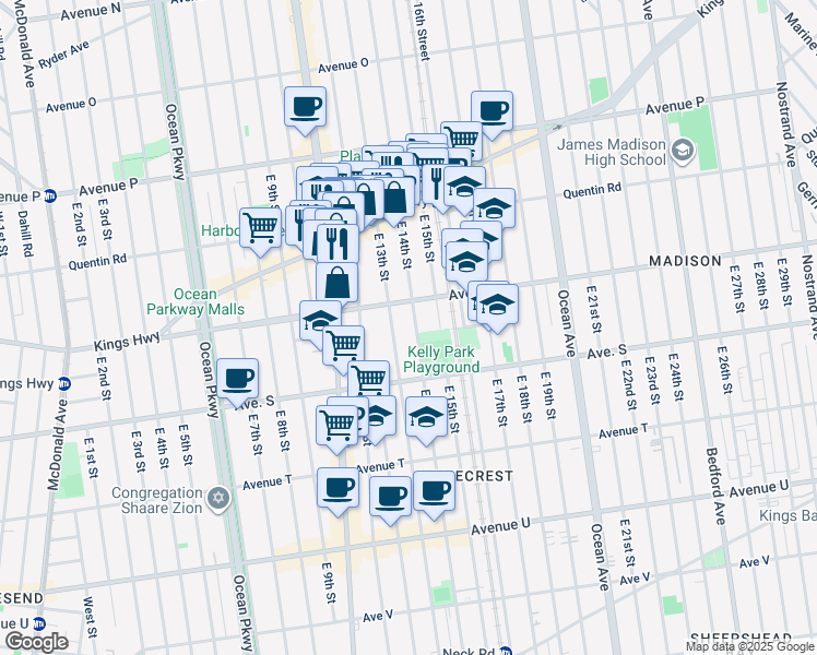 map of restaurants, bars, coffee shops, grocery stores, and more near 1825 East 13th Street in Brooklyn
