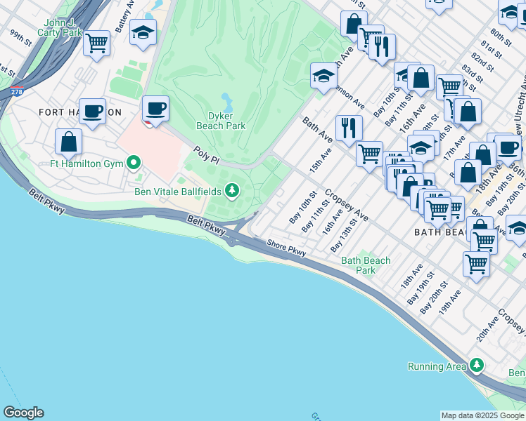 map of restaurants, bars, coffee shops, grocery stores, and more near 349 Bay 8th Street in Brooklyn