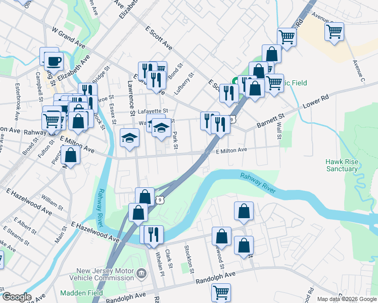 map of restaurants, bars, coffee shops, grocery stores, and more near 574 East Milton Avenue in Rahway