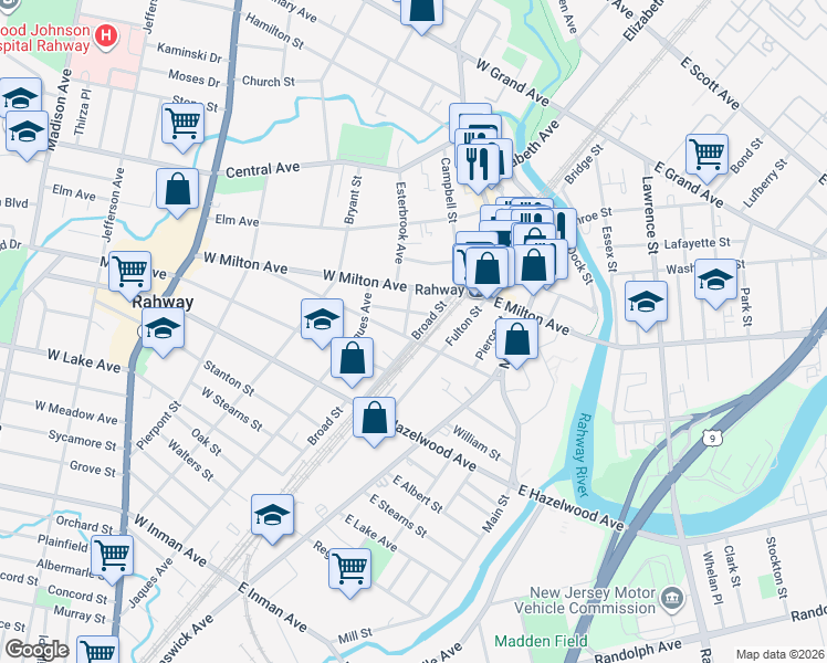 map of restaurants, bars, coffee shops, grocery stores, and more near 1234 Broad Street in Rahway