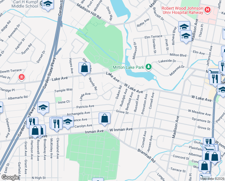 map of restaurants, bars, coffee shops, grocery stores, and more near 3 Wendy Road in Woodbridge Township