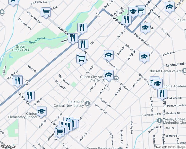 map of restaurants, bars, coffee shops, grocery stores, and more near 830-32 West 5th Street in Plainfield