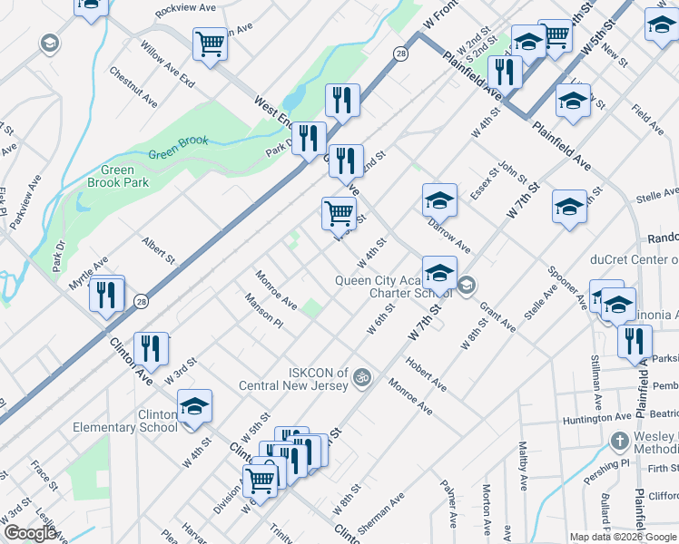 map of restaurants, bars, coffee shops, grocery stores, and more near 910 West 4th Street in Plainfield