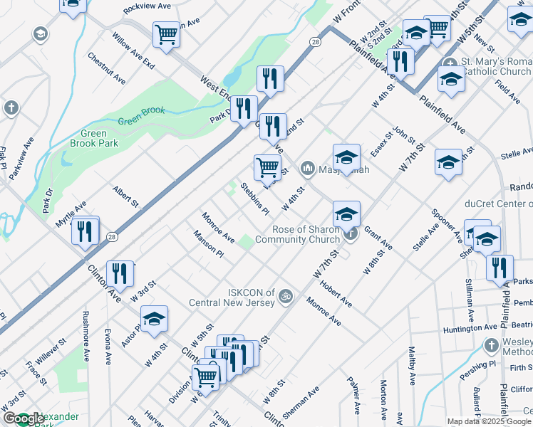 map of restaurants, bars, coffee shops, grocery stores, and more near 910 West 4th Street in Plainfield