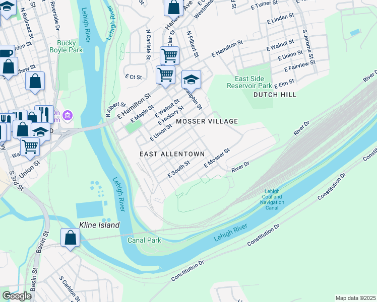 map of restaurants, bars, coffee shops, grocery stores, and more near 271 East South Street in Allentown