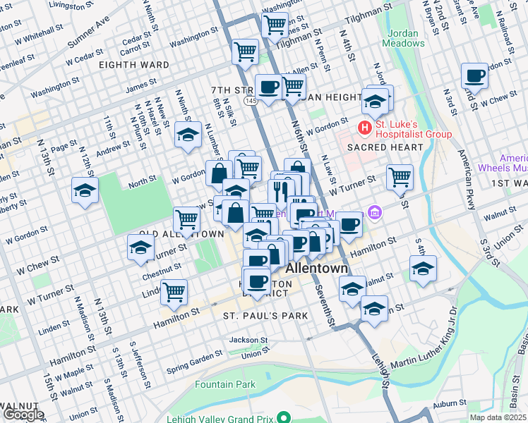 map of restaurants, bars, coffee shops, grocery stores, and more near 721 West Turner Street in Allentown