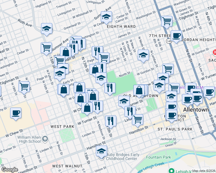 map of restaurants, bars, coffee shops, grocery stores, and more near 1202 West Gordon Street in Allentown