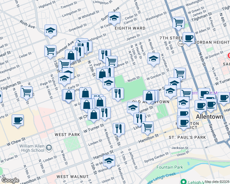 map of restaurants, bars, coffee shops, grocery stores, and more near 1202 West Gordon Street in Allentown