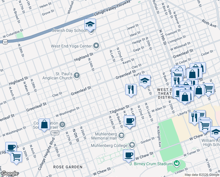 map of restaurants, bars, coffee shops, grocery stores, and more near 835 North Berks Street in Allentown