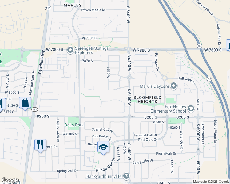 map of restaurants, bars, coffee shops, grocery stores, and more near 6473 Lonebellow Drive in West Jordan