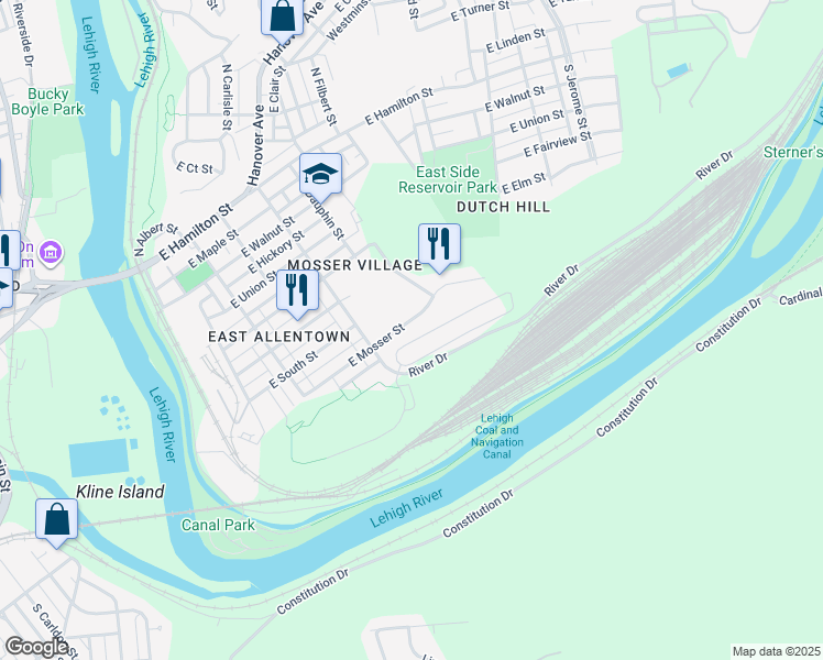 map of restaurants, bars, coffee shops, grocery stores, and more near 408 East Mosser Street in Allentown