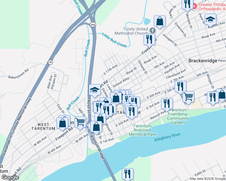 map of restaurants, bars, coffee shops, grocery stores, and more near 902 Corbet Street in Tarentum