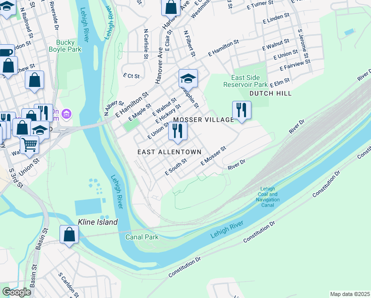 map of restaurants, bars, coffee shops, grocery stores, and more near 271 East South Street in Allentown