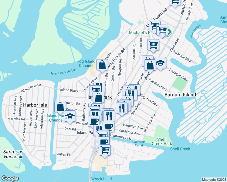 map of restaurants, bars, coffee shops, grocery stores, and more near 12 Newport Road in Island Park