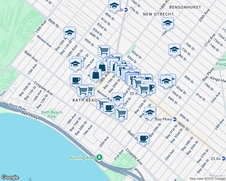 map of restaurants, bars, coffee shops, grocery stores, and more near 69 Bay 20th Street in Brooklyn