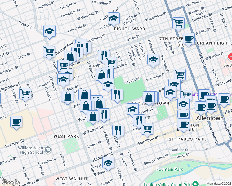 map of restaurants, bars, coffee shops, grocery stores, and more near 1202 West Gordon Street in Allentown