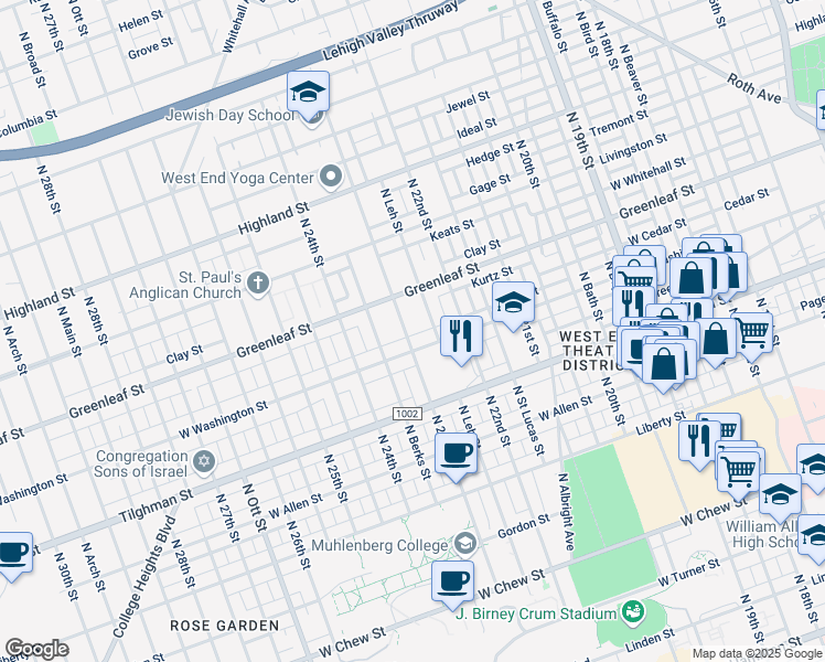map of restaurants, bars, coffee shops, grocery stores, and more near 815 North 23rd Street in Allentown