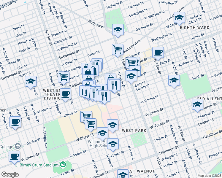 map of restaurants, bars, coffee shops, grocery stores, and more near 1616 Allen Street in Allentown