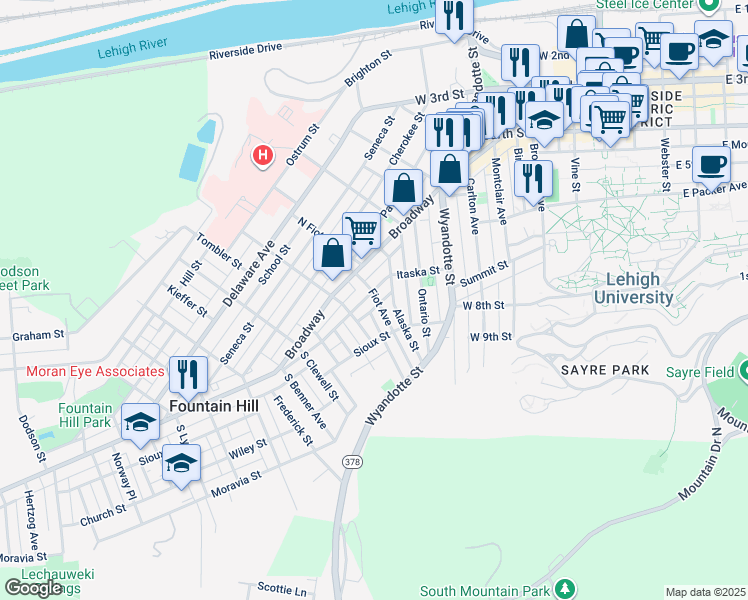 map of restaurants, bars, coffee shops, grocery stores, and more near 608 Fiot Avenue in Bethlehem