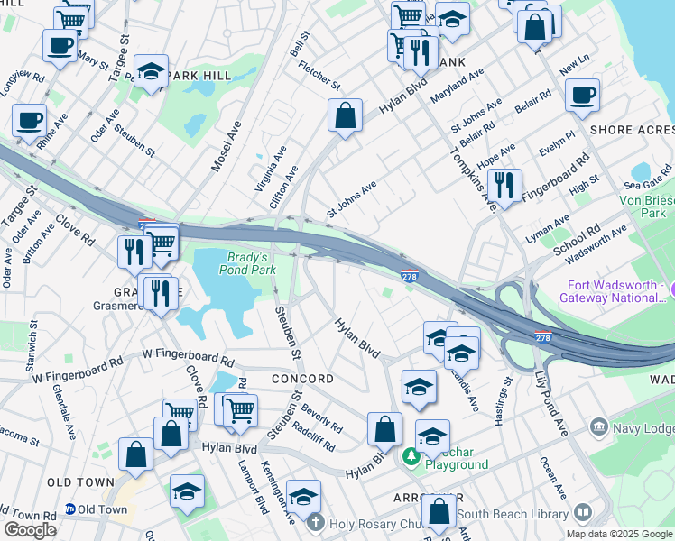 map of restaurants, bars, coffee shops, grocery stores, and more near 130 Narrows Road South in Staten Island