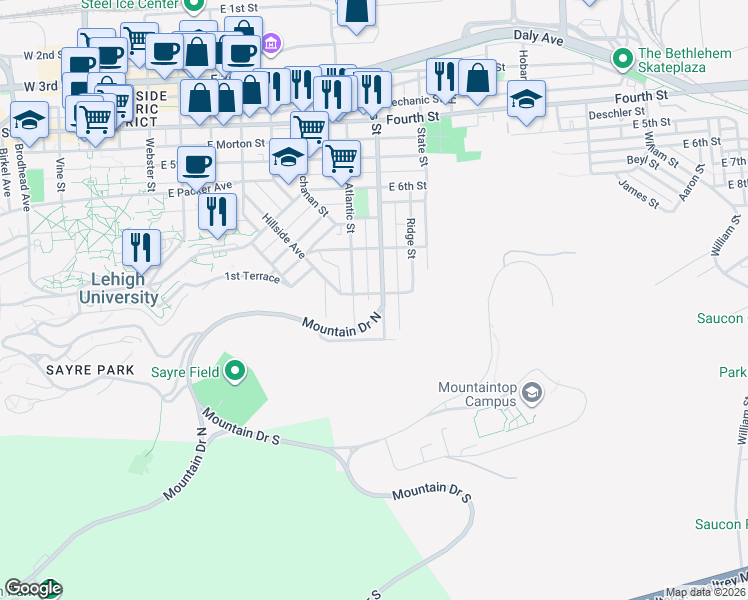 map of restaurants, bars, coffee shops, grocery stores, and more near 804 Hayes Street in Bethlehem