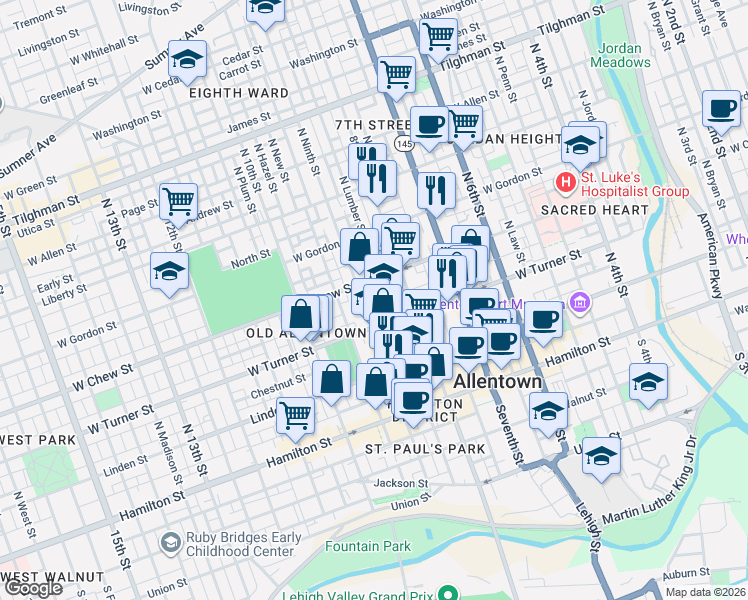 map of restaurants, bars, coffee shops, grocery stores, and more near 235 North Ninth Street in Allentown