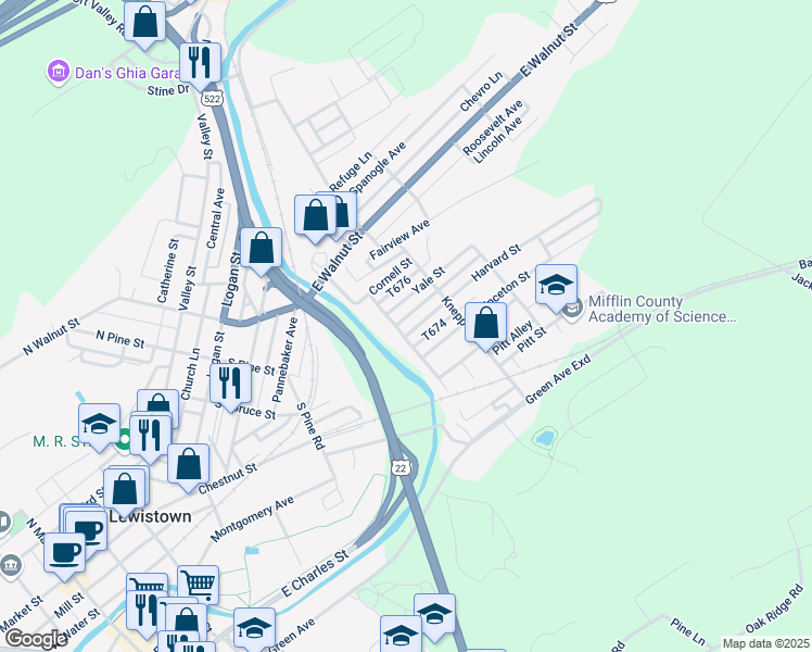 map of restaurants, bars, coffee shops, grocery stores, and more near 401 Harvard Street in Lewistown