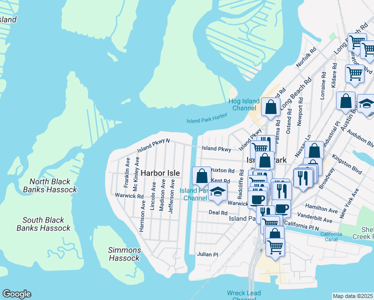map of restaurants, bars, coffee shops, grocery stores, and more near 282 Washington Avenue in Island Park