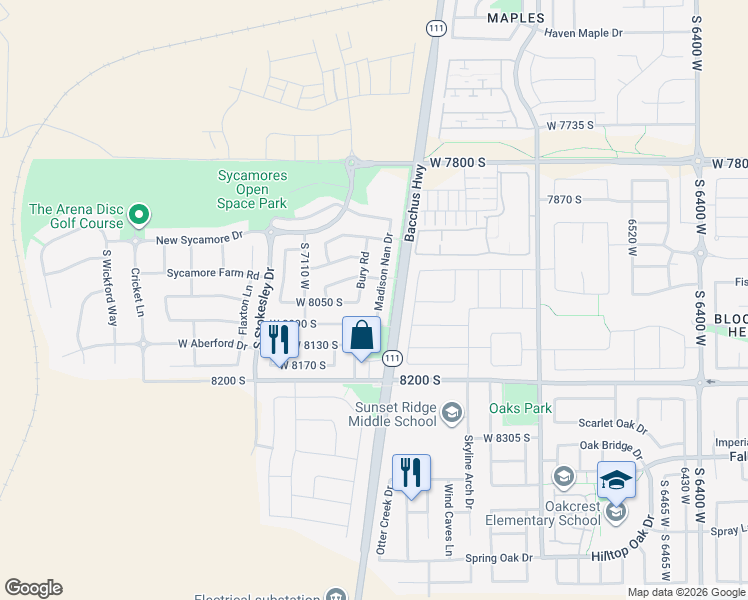 map of restaurants, bars, coffee shops, grocery stores, and more near 8048 Madison Nan Drive in West Jordan
