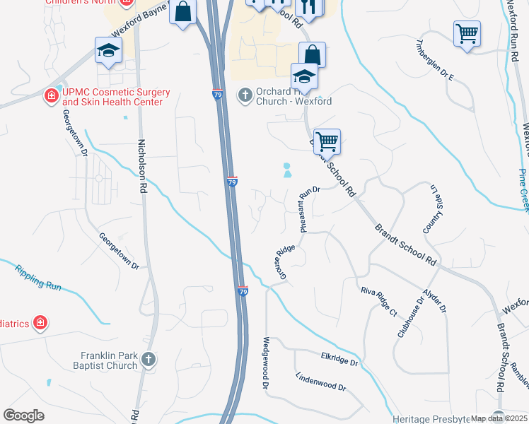 map of restaurants, bars, coffee shops, grocery stores, and more near 2641 Hunters Point Drive in Wexford