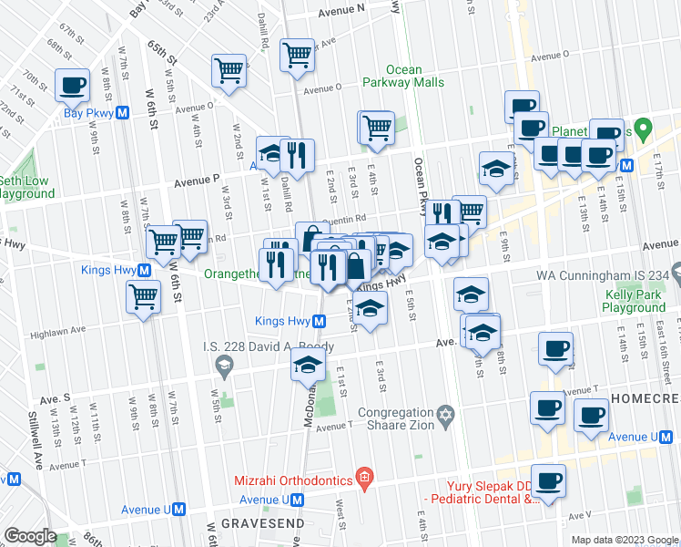 map of restaurants, bars, coffee shops, grocery stores, and more near 1830 East 2nd Street in Brooklyn