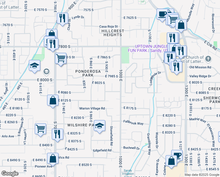 map of restaurants, bars, coffee shops, grocery stores, and more near 8058 Peregrine Place in Sandy