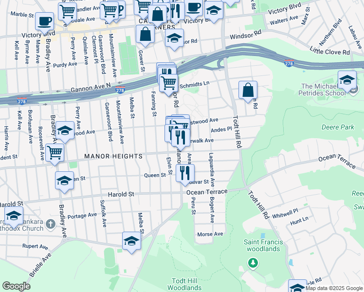 map of restaurants, bars, coffee shops, grocery stores, and more near 876 Manor Road in Staten Island