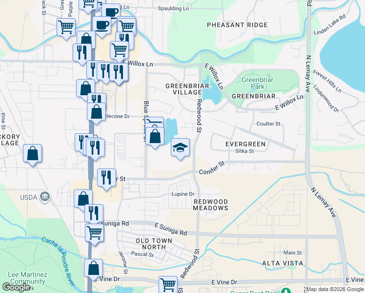 map of restaurants, bars, coffee shops, grocery stores, and more near 512 Nokomis Court in Fort Collins