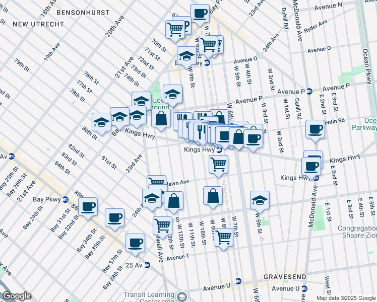 map of restaurants, bars, coffee shops, grocery stores, and more near 1720 West 10th Street in Brooklyn