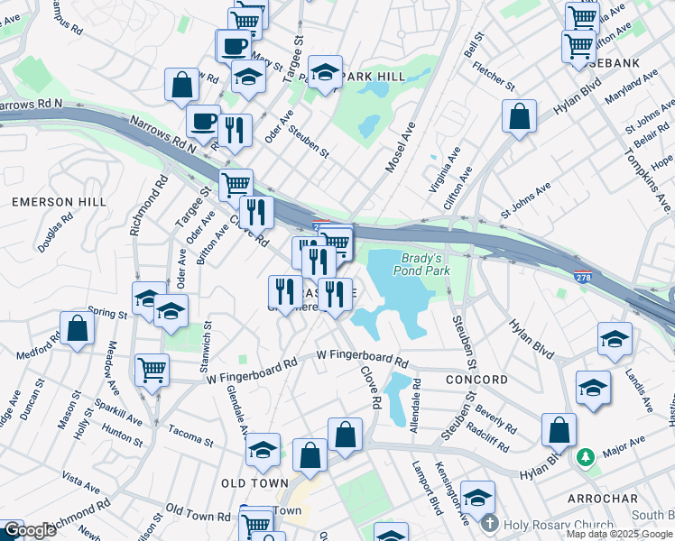 map of restaurants, bars, coffee shops, grocery stores, and more near 2071 Clove Road in Staten Island