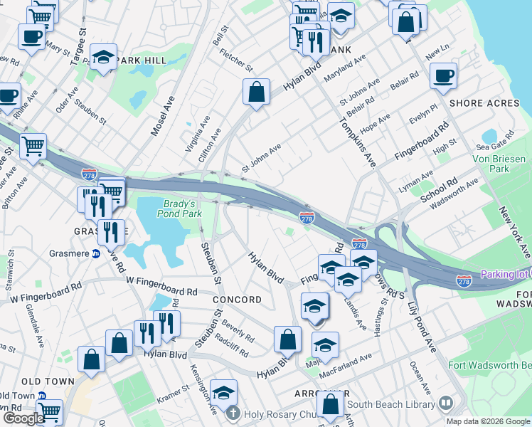 map of restaurants, bars, coffee shops, grocery stores, and more near 130 Narrows Road South in Staten Island