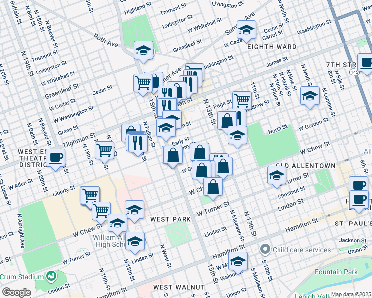 map of restaurants, bars, coffee shops, grocery stores, and more near 1420 Liberty Street in Allentown
