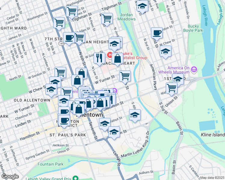 map of restaurants, bars, coffee shops, grocery stores, and more near 453 Linden Street in Allentown