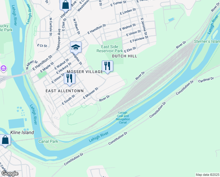 map of restaurants, bars, coffee shops, grocery stores, and more near 431 River Drive in Allentown
