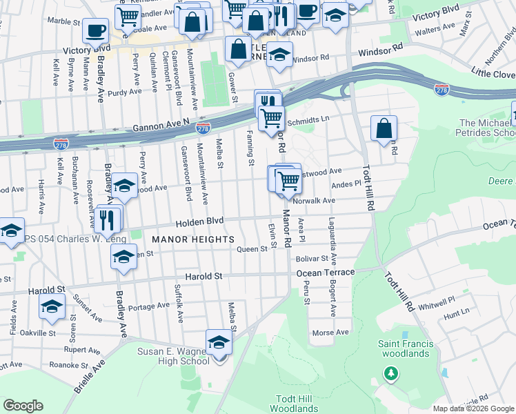 map of restaurants, bars, coffee shops, grocery stores, and more near 253 Fanning Street in Staten Island