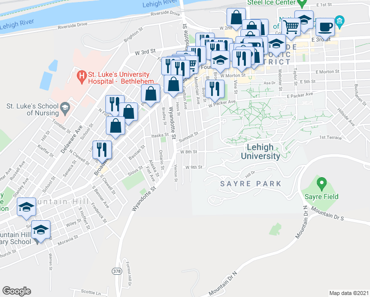 map of restaurants, bars, coffee shops, grocery stores, and more near 409 West 8th Street in Bethlehem