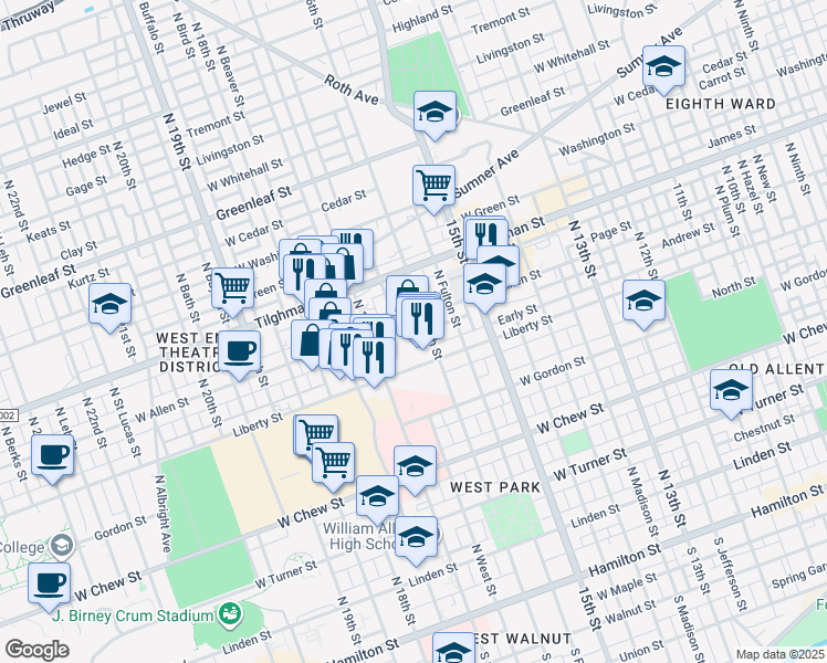 map of restaurants, bars, coffee shops, grocery stores, and more near 1616 West Allen Street in Allentown